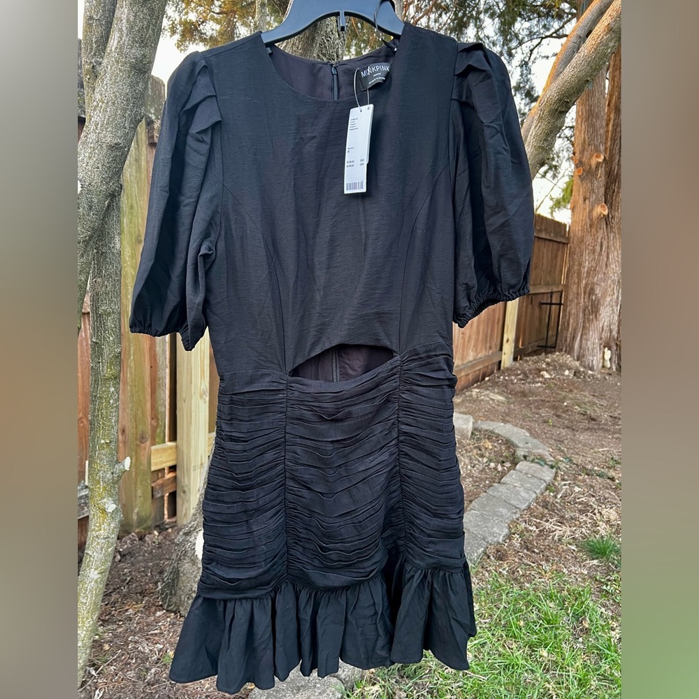 NWT Minkpink LBD ruched CUTOUT puff sleeve black dress mini babydoll M